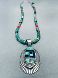 Mel Francis Vintage Native American Navajo Green Turquoise Sterling Silver Inlay Necklace-Nativo Arts