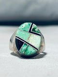 Dynamic Vintage Native American Zuni Damale Turquoise Jet Sterling Silver Ring-Nativo Arts