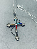 Detailed Vintage Native American Navajo Turquoise Sterling Silver Reversible Cross Necklace-Nativo Arts