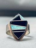 Intricate Vintage Native American Navajo Opal Jet Inlay Sterling Silver Ring-Nativo Arts