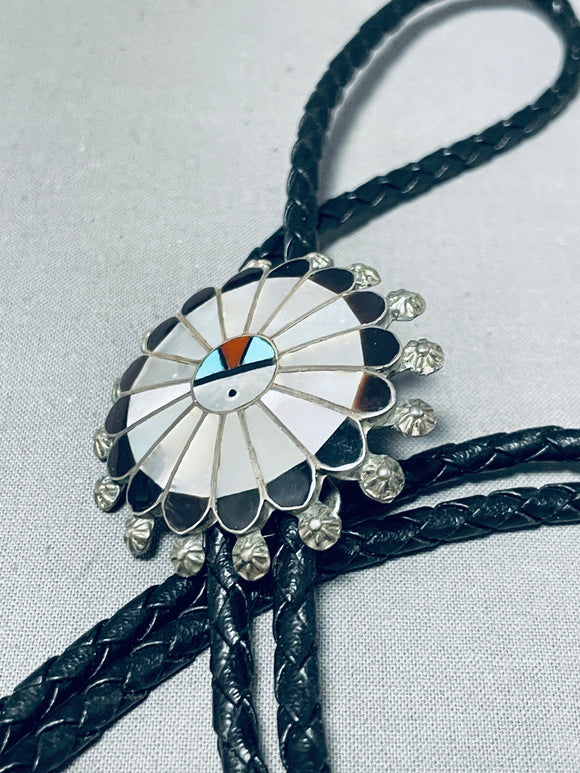 Superb Vintage Native American Zuni Inlay Turquoise Mother Of Pearl Sterling Silver Sunface Bolo-Nativo Arts