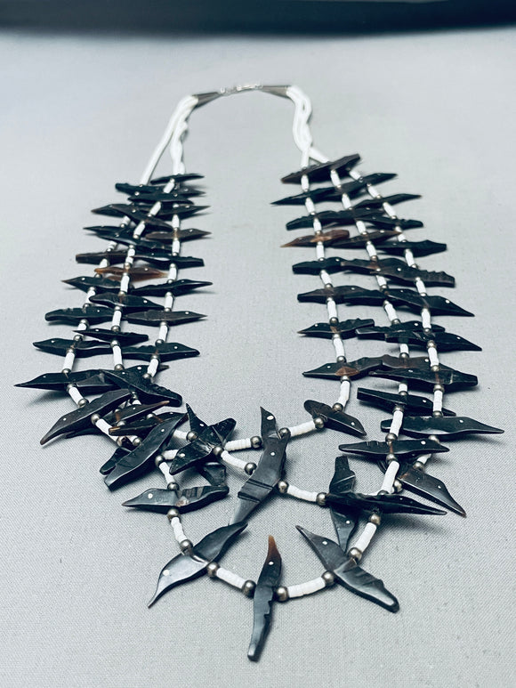 Hand Carved Jet Bird Vintage Santo Domingo Sterling Silver Heishi Necklace-Nativo Arts