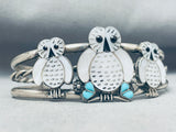 Important White Owl Vintage Native American Zuni Pearl Turquoise Sterling Silver Inlay Bracelet-Nativo Arts
