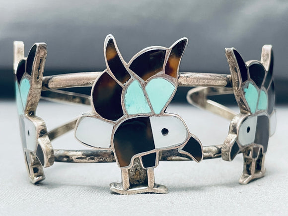 Intricate Eagles Vintage Native American Zuni Turquoise Inlay Sterling Silver Bracelet-Nativo Arts