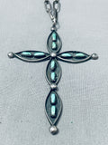 Native American Huge Vintage Navajo 4 Inch Tall Cross Turquoise Sterling Silver Necklace