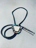 Colorful Native American Navajo Morenci Turquoise Coral Jet Sterling Silver Bolo Tie-Nativo Arts