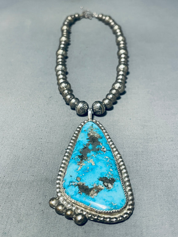 Remarkable Vintage Native American Navajo Pilot Mountain Turquoise Sterling Silver Necklace-Nativo Arts