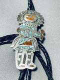 Larger Vintage Native American Navajo Turquoise Coral Inlay Kachina Sterling Silver Bolo Tie-Nativo Arts