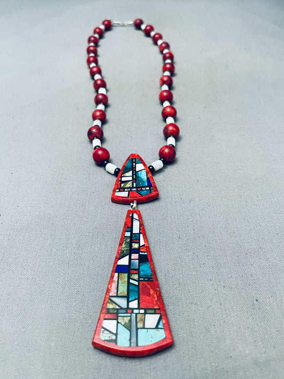 Rare Vintage Chris Nieto Santo Domingo Coral Sterling Silver Inlay Necklace-Nativo Arts