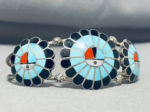 Burd Soseeh Vintage Native American Zuni Blue Gem Turquoise Sterling Silver Sunface Bracelet-Nativo Arts