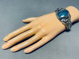 Eagles At Sides! Rare Turquoise Vintage Native American Navajo Gilbert Sterling Silver Bracelet-Nativo Arts