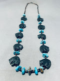 Native American Fascinating Vintage Zuni Jet Bear Fetish & Turquoise Sterling Silver Necklace-Nativo Arts