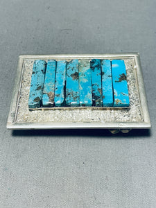 Native American Sparkling Vintage Zuni Pilot Mountain Turquoise Sterling Silver Buckle-Nativo Arts