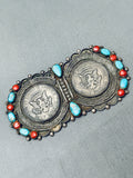 Huge 4 Inch Long 80 Grams Vintage Native American Navajo Turquoise Sterling Silver Pin-Nativo Arts