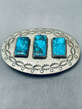 Rare Vintage Native American Navajo Blue Diamond Turquoise Sterling Silver Buckle-Nativo Arts