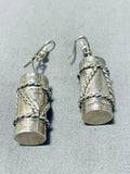 Noteworthy Native American Navajo Handcarved Sterling Silver Drums Earrings-Nativo Arts