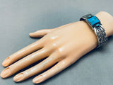 Superior Vintage Native American Navajo Squared Turquoise Sterling Silver Bracelet-Nativo Arts