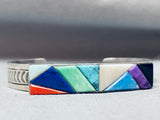 Superior Vintage Native American Navajo Turquoise Inlay Sterling Silver Bracelet Cuff-Nativo Arts