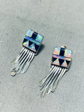 Dazzling Vintage Native American Zuni Inlay Opal Jet Square Sterling Silver Earrings-Nativo Arts