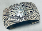 Hypnotic Vintage Native American Navajo Sterling Silver Geometric Handcarvings Huge Bracelet-Nativo Arts