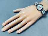 Detailed Vintage Native American Navajo Opal Inlay Sterling Silver Sun Bracelet