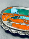 One Of The Most Unique Vintage Native American Navajo Turquoise Inlay Sterling Silver Buckle-Nativo Arts