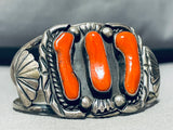 Paulene Begay 1970's Long Coral Vintage Native American Navajo Sterling Silver Bracelet Cuff-Nativo Arts