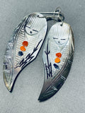 Extraordinary Native American Zuni Shell Turquoise Coral Cornstalk Maiden Earrings-Nativo Arts