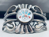 Rare Kachina Sunface Vintage Native American Zuni Turquoise Inlay Sterling Silver Bracelet-Nativo Arts