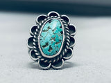 Important Vintage Native American Navajo Pilot Mountain Turquoise Sterling Silver Flower Ring-Nativo Arts