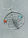 Dazzling Native American Navajo Turquoise Coral Sterling Silver Dreamcatcher Necklace
