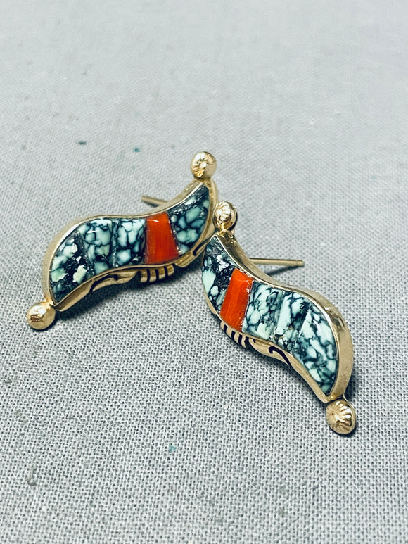 14k Important Vintage Native American Navajo Dave Clark Turquoise Inlay Earrings-Nativo Arts