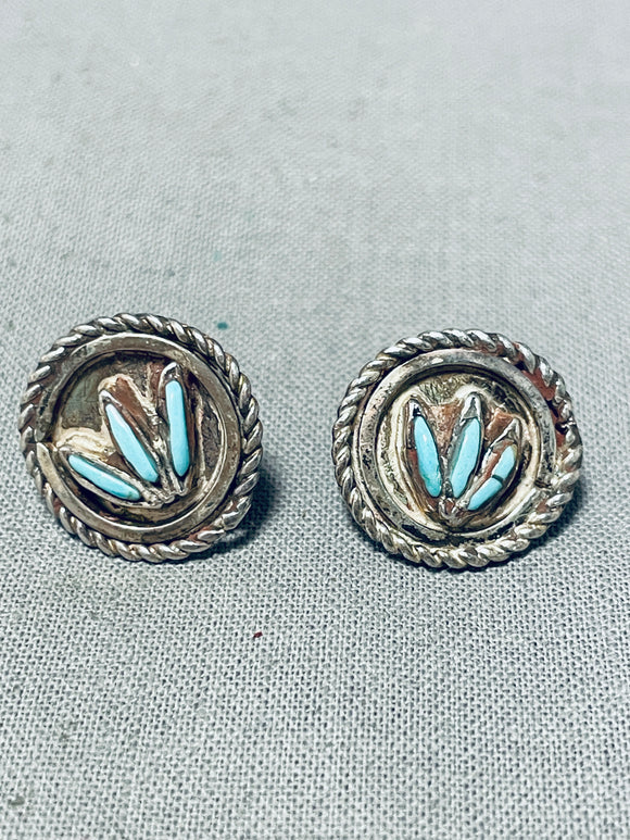 Wonderful Vintage Native American Zuni Blue Gem Turquoise Sterling Silver Earrings-Nativo Arts