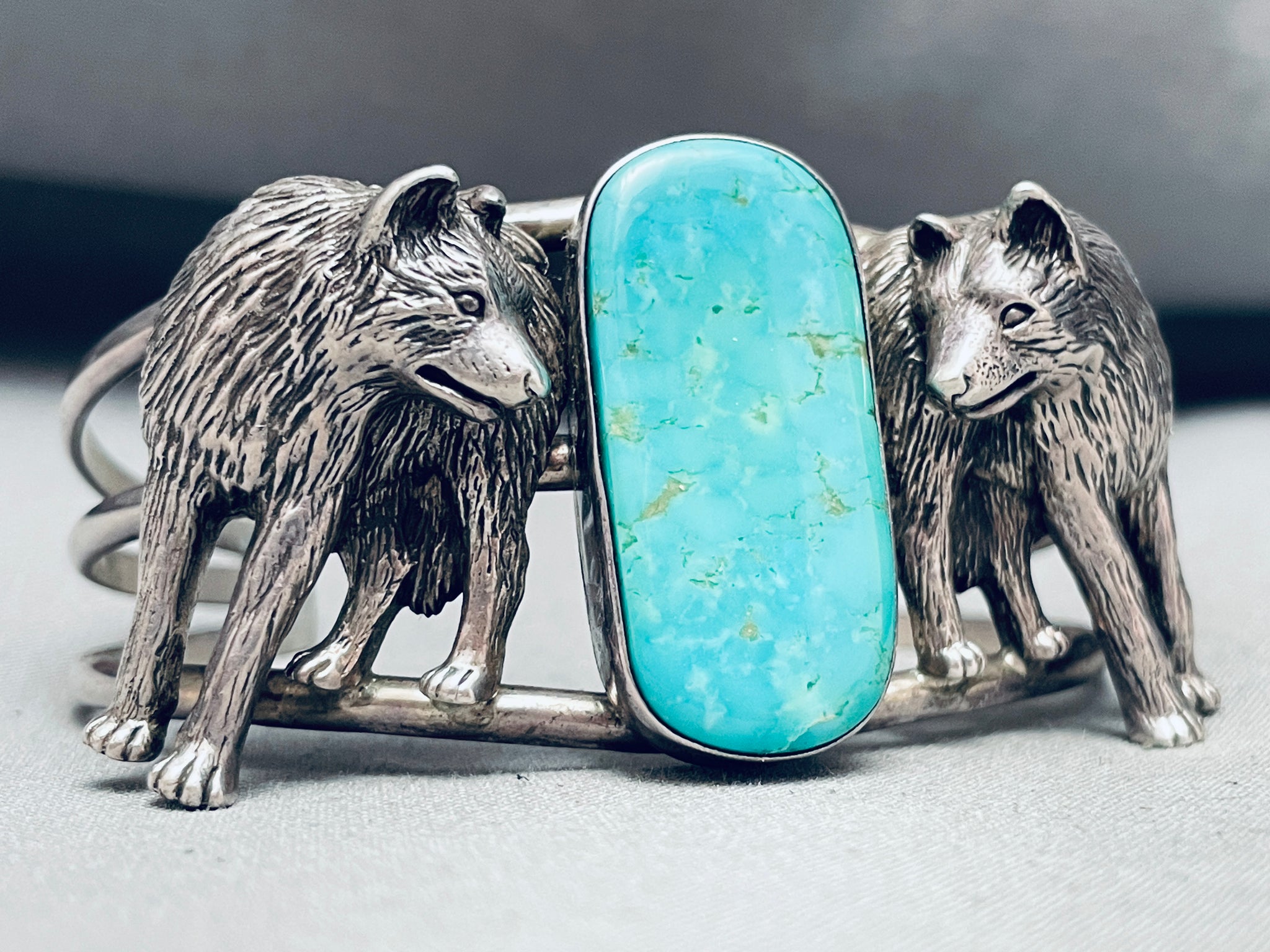 Best Vintage Native American Navajo Wolf Turquoise Sterling Silver