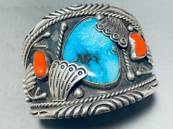 Tommy Dinestso Vintage Native American Navajo Turquoise Coral Sterling Silver Bracelet-Nativo Arts