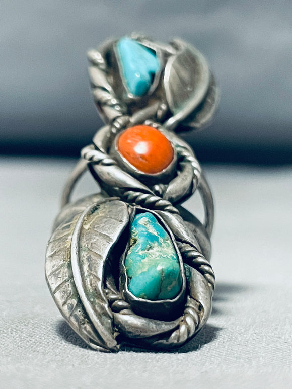 Remarkable Vintage Native American Navajo 2 Royston Turquoise Coral Sterling Silver Ring-Nativo Arts