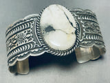 One Of Most Detailed Vintage Native American Navajo White Buffalo Turquoise Sterling Bracelet-Nativo Arts