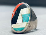 Hvy Vintage Native American Navajo Turquoise Mosaic Inlay Sterling Silver Ring Old-Nativo Arts