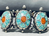 Intricate Turtles!! Vintage Native American Navajo Turquoise Sterling Silver Inlay Bracelet-Nativo Arts
