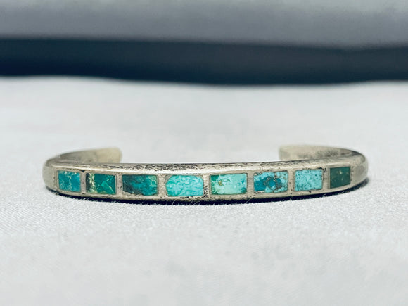 Fantastic Vintage Native American Navajo Inlay Square Cut Turquoise Sterling Silver Bracelet-Nativo Arts