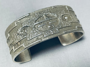 Rare Native American Navajo Signed Sterling Silver Geometric Sunface Handcarved Bracelet-Nativo Arts