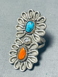 Fabulous Vintage Native American Navajo Royston Turquoise, Coral Sterling Silver Ring-Nativo Arts