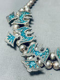 Breathtaking Vintage Native American Navajo Turquoise Chip Inlay Silver Waterbird Necklace-Nativo Arts