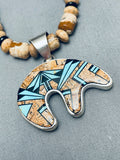 Super Intricate Vintage Native American Navajo Turquoise Inlay Bear Sterling Silver Necklace-Nativo Arts