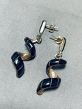 Fabulous Vintage Native American Navajo Jet Sterling Silver Twirl Dangle Earrings-Nativo Arts