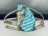 Mind Boggling Turquoise Horse Vintage Sterling Silver Inlay Bracelet Cuff-Nativo Arts