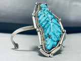 Completely Hand Carved Turquoise Vintage Native American Navajo Leaf Sterling Silver Bracelet-Nativo Arts