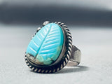 Detailed Vintage Native American Navajo Leaf Sleeping Beauty Turquoise Sterling Silver Ring