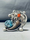 Huge Native American Navajo Turquoise Coral Sterling Silver Bear Ring-Nativo Arts
