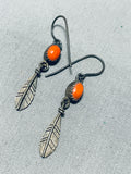 Impressive Vintage Native American Navajo Coral Sterling Silver Dangle Earrings-Nativo Arts